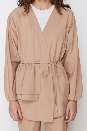 Kadın Moda Şık Regular Boy Uzun Kollu Pamuklu Dokuma Kimono Pantolon Alt Üst Takım