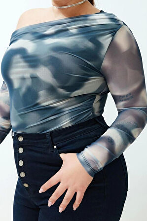 Kadın Moda Şık Büyük Beden Regular Asimetrik Yaka Slim Kalıp Örme Mesh Bluz
