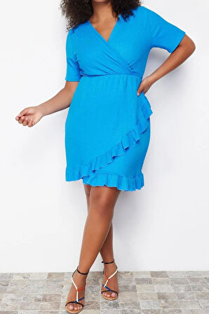 Yeni Slim Casual Günlük Bürümcük Örme Kruvaze Kısa Kol Anvelop Mini Boy Büyük Beden Elbise