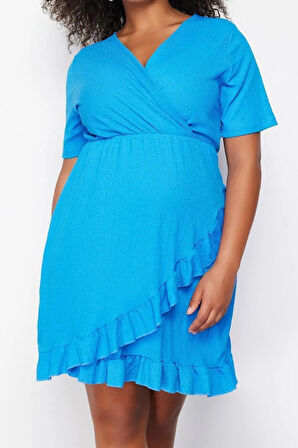 Yeni Slim Casual Günlük Bürümcük Örme Kruvaze Kısa Kol Anvelop Mini Boy Büyük Beden Elbise