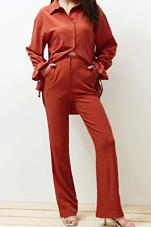 Kadın Yeni Moda İspanyol Paça Regular Boy Dokuma Kahverengi Flare Kalıp Dokulu Pantolon