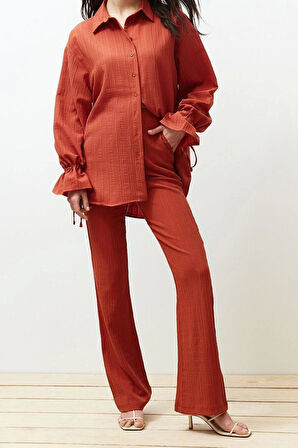 Kadın Yeni Moda İspanyol Paça Regular Boy Dokuma Kahverengi Flare Kalıp Dokulu Pantolon