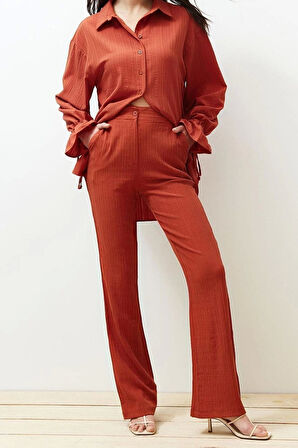 Kadın Yeni Moda İspanyol Paça Regular Boy Dokuma Kahverengi Flare Kalıp Dokulu Pantolon