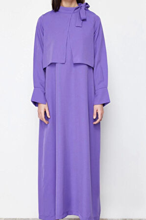 Kadın Moda Şık Tesettür Maxi Boy Boyundan Bağlamalı Regular Yakası Bağlama Detaylı Dokuma Elbise