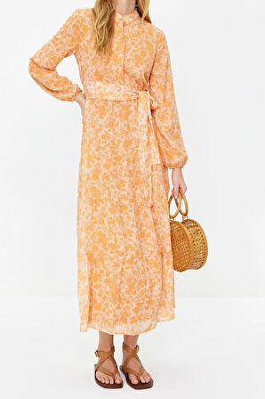 Yeni Rahat Casual Günlük Şifon Dokuma Dik Yaka Uzun Kol Basic Maxi Boy Tesettür Elbise