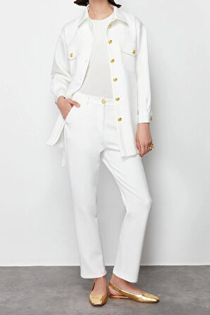 Kadın Moda Şık Regular Uzun Boy Uzun Kollu Gold Düğme Detaylı Dalgıç Scuba Örme Alt-Üst Takım