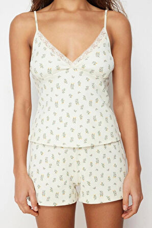 Kadın Pamuklu Askılı Yaka Askılı Kol Çiçekli Dantel Detaylı İp Askılı Fitilli Örme Pijama Takımı