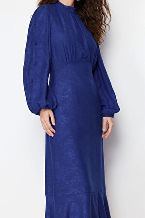 Yeni Regular Casual Günlük Jakar Dokuma Bisiklet Yaka Uzun Kol A-Line Maxi Boy Tesettür Elbise