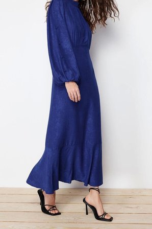 Yeni Regular Casual Günlük Jakar Dokuma Bisiklet Yaka Uzun Kol A-Line Maxi Boy Tesettür Elbise