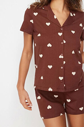 Kadın %100 Pamuk Gömlek Yaka Kısa Kol %100 Pamuk Kalp Desenli Gömlek-Şort Örme Pijama Takımı