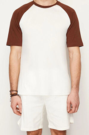 Yeni Sezon Regular %100 Pamuk Bisiklet Yaka Kısa Kol Renk Bloklu Desenli Günlük T-Shirt