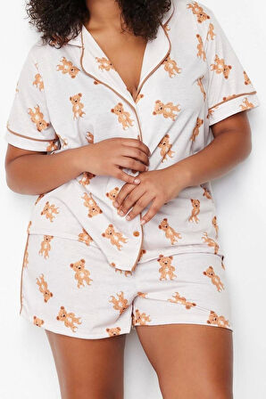 Büyük Beden Kadın Polyester Gömlek Yaka Kısa Kol Ayıcık Desenli Gömlek Yaka Örme Pijama Takımı