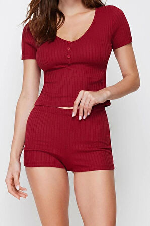 Kadın Polyester V Yaka Kısa Kol Düğme Detaylı Fitilli Örme Pijama Takımı