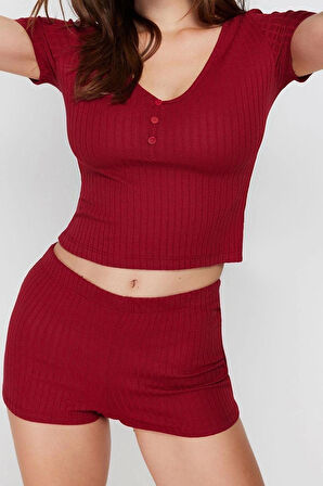 Kadın Polyester V Yaka Kısa Kol Düğme Detaylı Fitilli Örme Pijama Takımı