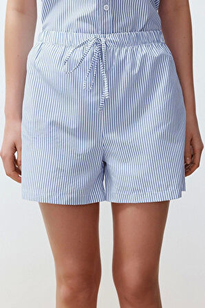 Kadın Pamuk Polyester Gömlek Yaka Kısa Kol Pamuklu Çizgili Dokuma Pijama Takımı