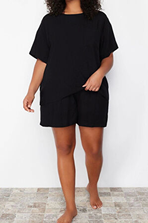 Büyük Beden Kadın Viskon Bisiklet Yaka Kısa Kol Bisiklet Yaka Dokuma Pijama Takımı