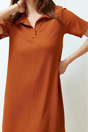 Yeni Rahat Casual Günlük Bürümcük Örme Polo Yaka Kısa Kol T-Shirt Elbise Midi Boy Elbise