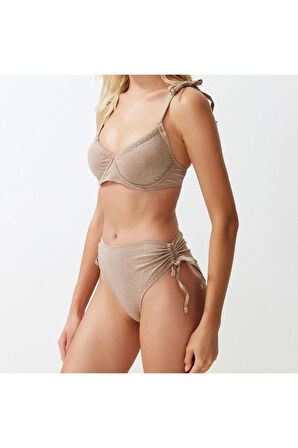 Yeni Düz Balconette Yüksek Bel Brief Balkonet Bağlamalı Simli Yüksek Bel Hipster Bikini Takımı