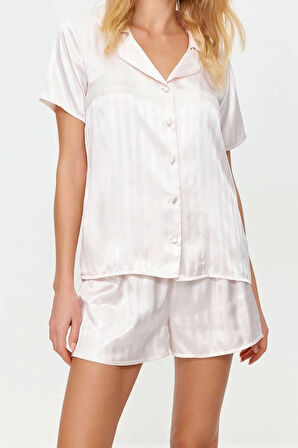 Kadın Polyester Gömlek Yaka Kısa Kol Saten Çizgili Dokuma Pijama Takımı