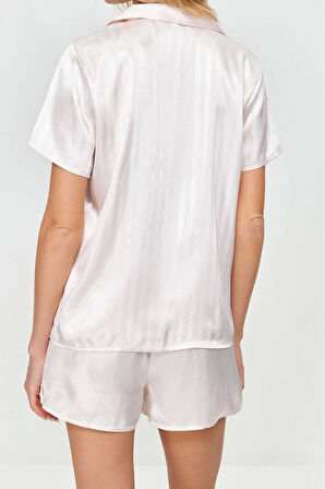 Kadın Polyester Gömlek Yaka Kısa Kol Saten Çizgili Dokuma Pijama Takımı