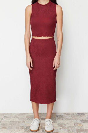 Kadın Moda Şık Regular Boy Dokulu Sıfır Kol Maxi Örme Bluz Etek Alt-Üst Takım TWOSS24AU00014