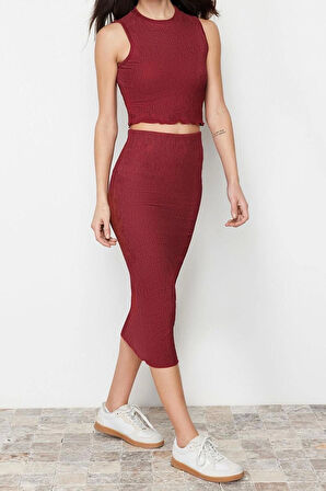 Kadın Moda Şık Regular Boy Dokulu Sıfır Kol Maxi Örme Bluz Etek Alt-Üst Takım TWOSS24AU00014