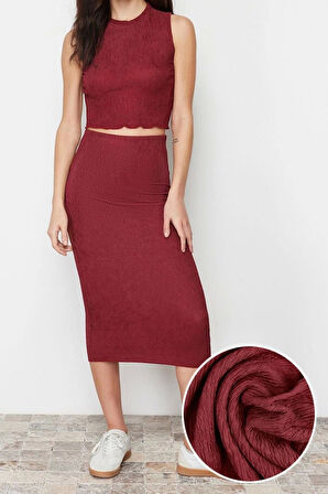 Kadın Moda Şık Regular Boy Dokulu Sıfır Kol Maxi Örme Bluz Etek Alt-Üst Takım TWOSS24AU00014