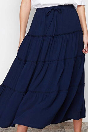 Kadın Moda Stil Maxi Astarsız Dokuma Belinde Büzgü Detaylı Kloş Maxi Boy Dokuma Etek