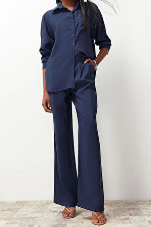 Kadın Moda Şık Regular Uzun Boy Uzun Kollu Modal Karışımlı Dokuma Gömlek-Pantolon Takım