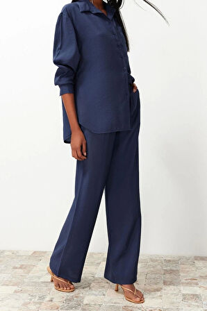 Kadın Moda Şık Regular Uzun Boy Uzun Kollu Modal Karışımlı Dokuma Gömlek-Pantolon Takım