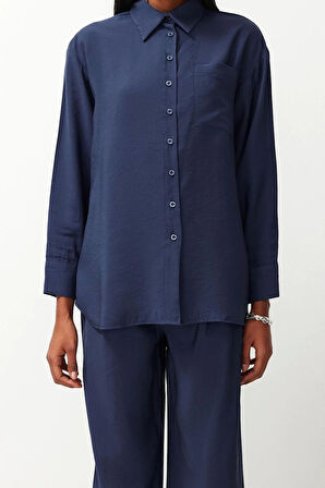 Kadın Moda Şık Regular Uzun Boy Uzun Kollu Modal Karışımlı Dokuma Gömlek-Pantolon Takım