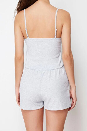 Kadın Polyester V Yaka Askılı Kol Dantel Detaylı İp Askılı Fitilli Örme Pijama Takımı
