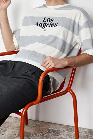 Yeni Sezon Oversize %100 Pamuk Bisiklet Yaka Kısa Kol Çizgili Desenli Günlük T-Shirt