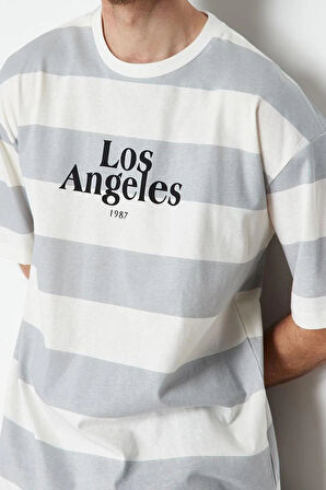 Yeni Sezon Oversize %100 Pamuk Bisiklet Yaka Kısa Kol Çizgili Desenli Günlük T-Shirt