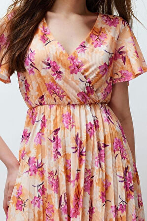 Yeni Regular Casual Günlük Polyester Kaşkorse Örme Kruvaze Kısa Kol A-Line Midi Boy Elbise
