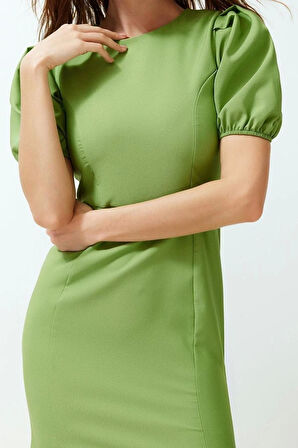 Yeni Regular Gündüz Gece Finike Dokuma Bisiklet Yaka Kısa Kol Bodycone Midi Boy Elbise