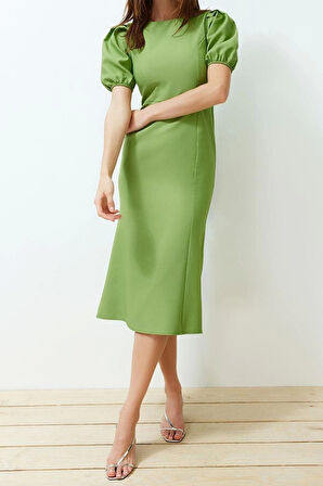 Yeni Regular Gündüz Gece Finike Dokuma Bisiklet Yaka Kısa Kol Bodycone Midi Boy Elbise