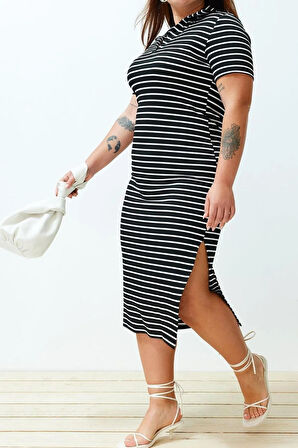 Yeni Slim Casual Günlük Kaşkorse Örme Polo Yaka Kısa Kol Shift Midi Boy Büyük Beden Elbise