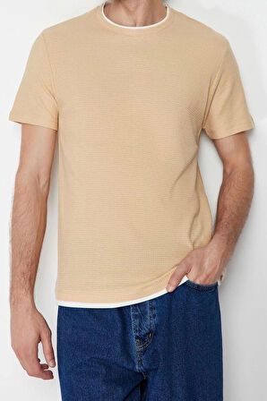 Yeni Sezon Regular %100 Pamuk Bisiklet Yaka Kısa Kol Dokulu Desenli Günlük Dokuma T-Shirt