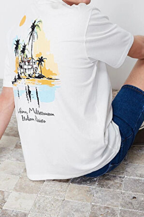 Yeni Sezon Rahat %100 Pamuk Bisiklet Yaka Kısa Kol Manzara Desenli Günlük T-Shirt