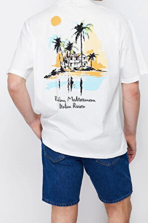 Yeni Sezon Rahat %100 Pamuk Bisiklet Yaka Kısa Kol Manzara Desenli Günlük T-Shirt