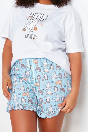 Büyük Beden Kadın Pamuklu Bisiklet Yaka Kısa Kol Kedi Desenli Örme Pijama Takımı