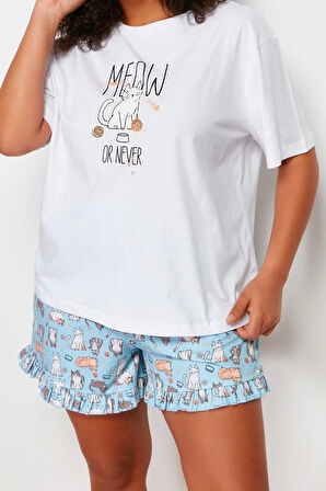 Büyük Beden Kadın Pamuklu Bisiklet Yaka Kısa Kol Kedi Desenli Örme Pijama Takımı