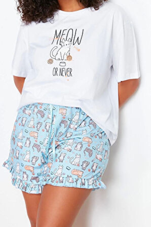 Büyük Beden Kadın Pamuklu Bisiklet Yaka Kısa Kol Kedi Desenli Örme Pijama Takımı