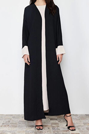 Kadın Moda Şık Regular Boy Uzun Kollu Renk Bloklu Aerobin Ferace Abaya & Elbise 2li Dokuma Takım