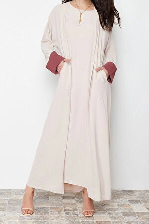 Kadın Moda Şık Regular Boy Uzun Kollu Renk Bloklu Aerobin Ferace Abaya & Elbise 2li Dokuma Takım