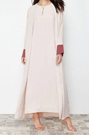 Kadın Moda Şık Regular Boy Uzun Kollu Renk Bloklu Aerobin Ferace Abaya & Elbise 2li Dokuma Takım