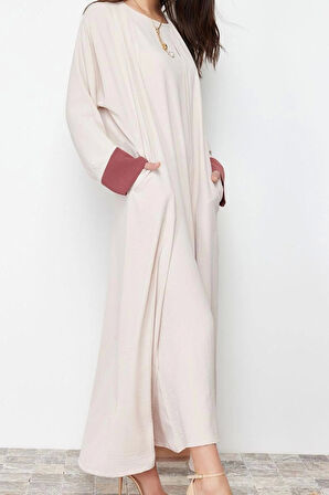 Kadın Moda Şık Regular Boy Uzun Kollu Renk Bloklu Aerobin Ferace Abaya & Elbise 2li Dokuma Takım