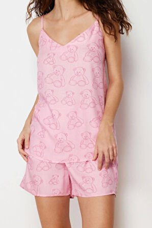 Kadın Viskon Askılı Yaka Askılı Kol Ayıcık Desenli İp Askılı Viskon Dokuma Pijama Takımı