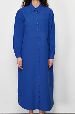 Kadın Moda Şık Tesettür Maxi Boy Gömlek Yaka Regular Düz Dokuma Gömlek Elbise